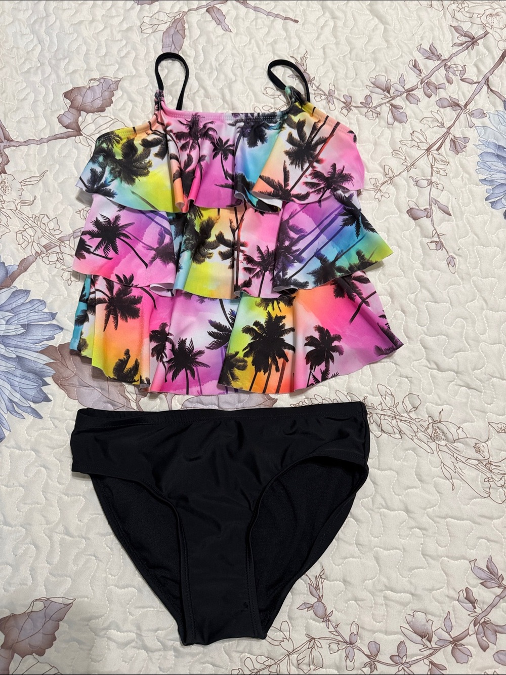 Justice Multicolor Ruffled Palm Print Tankini with Black Straps